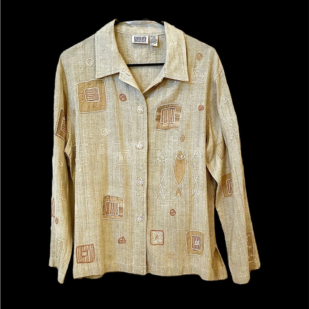 Chico's Beige & Tan Embroidered Button-Front Jean Jacket Size 2